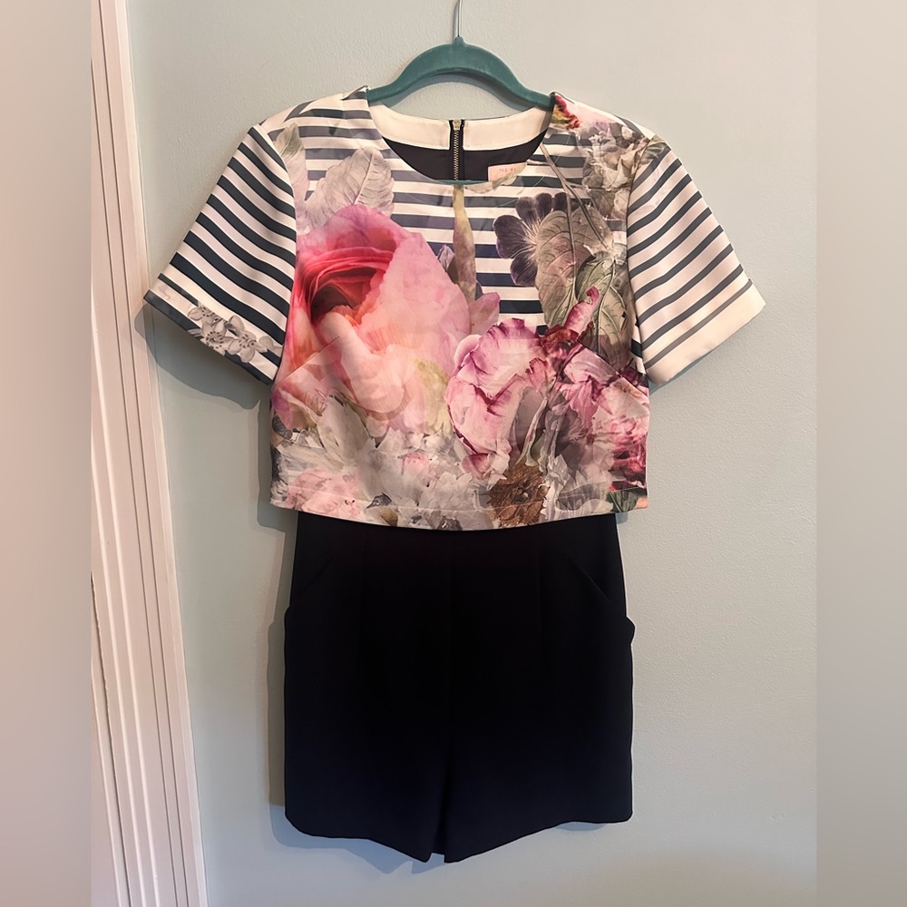 Ted Baker Floral and Striped Crop Top Playsuit